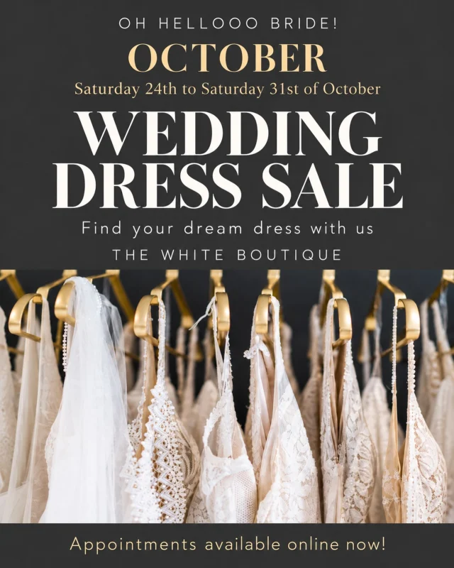 IT’S SALE TIME!

Looking for a designer dress on a budget? Shopping in a shorter time frame? Dreaming of a second look for the evening? Or do you simply love a bargain?

Our October Sale Event is for you! 

Discover beautiful designer gowns in our UNDER £500 SALE, plus special offers on selected current collection samples.

Saturday 24–Saturday 31 October only.

Appointments are available to book online now. We can’t wait to see you! 

#WeddingDressShopping #WeddingDressSale #WarwickshireBride #weddingdresssale #TheWhiteBoutique